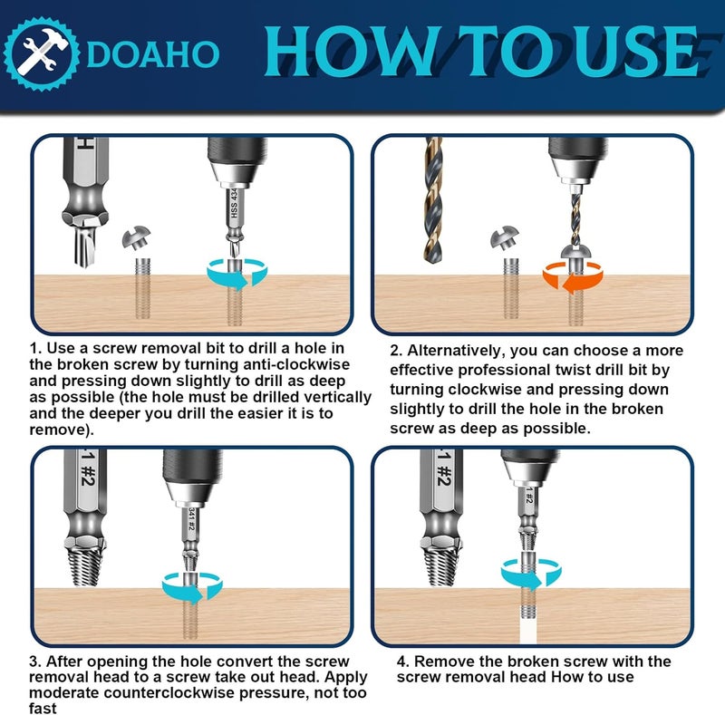 Doaho 9 PCS Damaged Screw Extractor Set,6 PCS HSS 4341 Screw Extractor Remover Kit and 3 PCS Twist Drill Bit Kit for Stripped Screws & Drill Bit Tools,Holiday or Birthday Gift for Men - Image 4